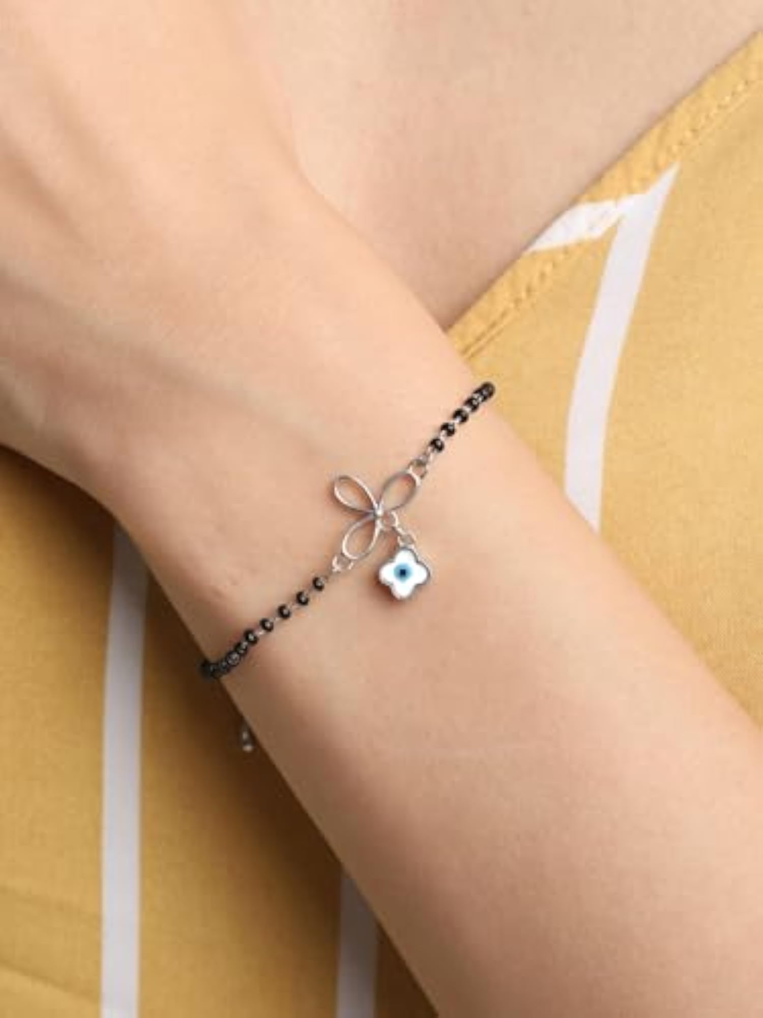 Women's 925 Silver Evil Eye Flower Hand Mangalsutra Bracelet