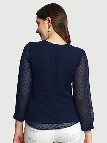 Image of PRETTIFY Women's Regular Fit Solid Embroidery Georgette Waist Length, 3 /4 Sheer Sleeve, Round Neck Casual Wear Western Shirt Top for College /Office Girls