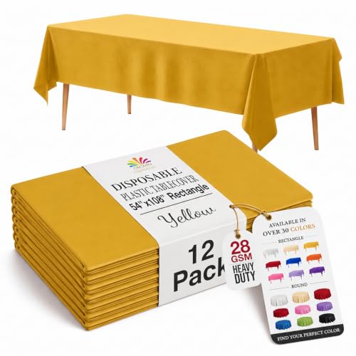 Exquisite Yellow Plastic Table Cloth Disposable 12 Pack, 54 x 108 Inch