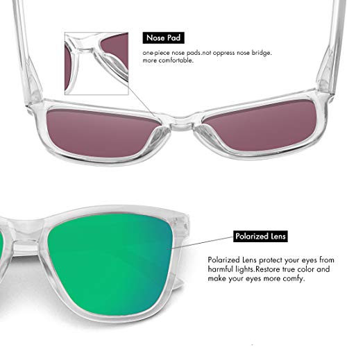 MEETSUN Polarized Sunglasses for Women Men Classic Retro Designer Style UV400 Protection (Clear Frame/Green Mirrored Lens, 54) - Thumbnail 5