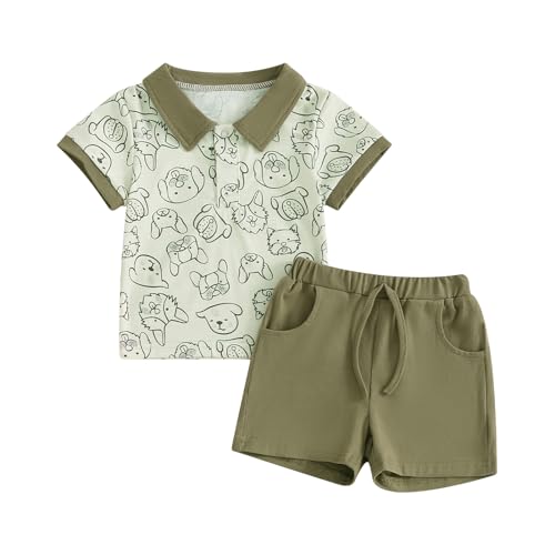 Image of Toddler Baby Boy Clothes Dog Print Short Sleeve Polo T Shirt Top and Elastic Waist Shorts 2pcs Summer Outfit Set
