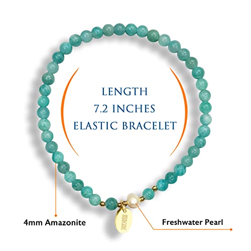 Morchic 4Mm Amazonite Gemstone Beads Stretch Bracelet For Women, Freshwater Pearls Beads, Energy Gem Series Birthday Gift 7.2” #TOP1