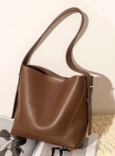 Image of Women's Trendy Tote Bag Vegan Leather Shoulder Crossbody Purse Large Bucket Handbag Soft Top Handle Satchel