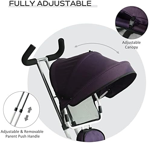 HOMCOM 4 in 1 Tricycle for Kids Toddler Trike with Parent Handle Push Along Pedal Trike Removable Canopy Safety Belt Storage Footrest for 18 Months to 5 Years Purple