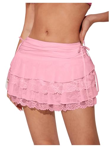 Women's Y2k Low Waist Lace Mini Skirts Layered Ruffled Swing A Line Skirt Skort