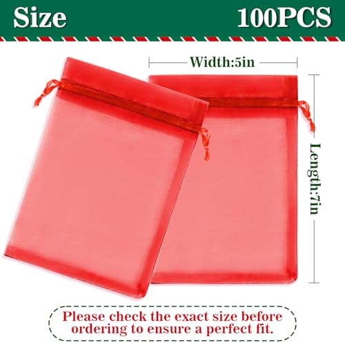 Image of Sukh Red Organza Bags 5''x7'' - 100pcs Sheer Mesh Drawstring Bags for Jewelry, Soap, Fruits, Candy, Small Gift Bags for Weddings, Valentine's Day, Mother's Day, Halloween, Thanksgiving, Christmas