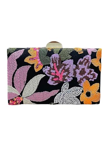 QWINEE Womens Sequin Floral Embroidery Evening Beaded Clutch Bags Elegant Mini Crossbody Purses Wedding Party Bag Purple and Black One Size