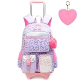 Meetbelify Mochila com rodas para meninas, linda mochila de mão para estudantes do ensino fundamental, Love Purple