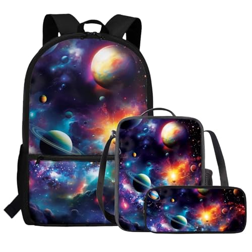 Space Planets Backpack for Boys 3 Pieces Bookbag with Lunch Box Set Lightweight School Bag for Boys for ELementary School Students Casual Book Bag