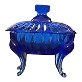 Hidd_ntr_asur_s Cobalt Blue Glass Candy Dish with Stand, Glass, Vintage Style Decor