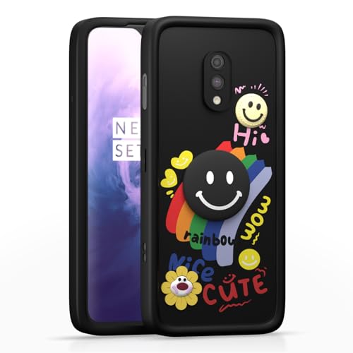 Image of Pikkme Back Cover for OnePlus 6T / Oneplus 7 | Soft Silicone| Cute Rainbow Smile & 3D Cartoon Flower Design | Shockproof Raised Camera Protection Bumper Case (Black)