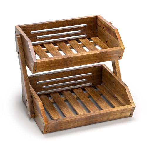 CALM COZY Acacia Wood Fruit Basket, 2 Tier Fruit Stand Bowl Holder Bread Vegetable Storage Rack for Kitchen Countertop - Image 3