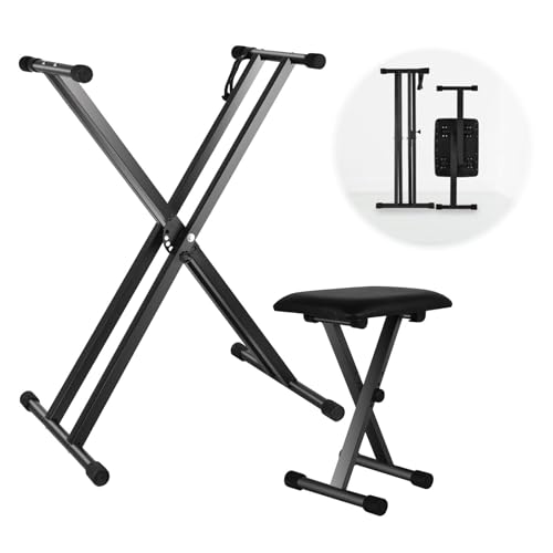 CAPHONT Keyboard Stand and Bench Set Heavy Duty Double-X Keyboard Stand, Adjustable Digital Piano Stand with Lockable Straps (Piano Keyboard Stand x 1, Piano Bench x 1)