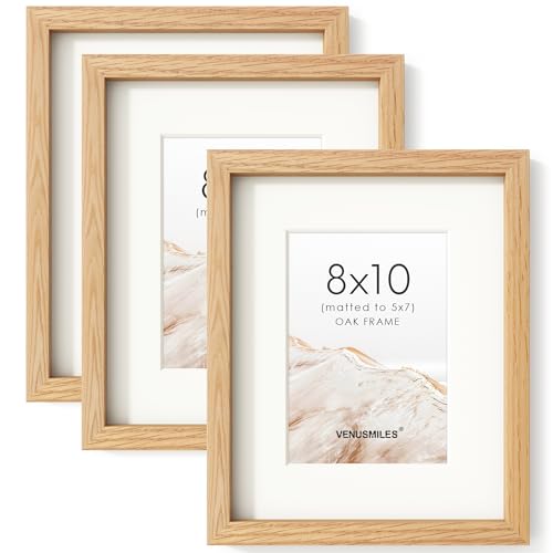 Image of 8x10 Picture Frame Set of 3, USA-Sourced Natural Oak Wood Photo Collage Frame with HD Tempered Glass, Modern Simple 8 x 10 Wooden Frame Matted to 5x7, Gallery Frames for Art, Wall or Tabletop Display