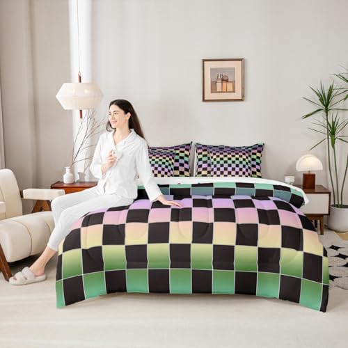 Image of Erosebridal Kids Black Checkered Comforter Set Full 7 Piece,Rainbow Ombre Plaid Bed in A Bag with Sheets for Boys Girls Colorful Geometric Checkerboard Bedding Set,Aesthetic Grids Bed Sets