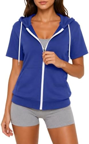 GIVON Women's 100% Cotton Full Zip Up Hoodie Short Sleeve Soft French Terry Fabric Comfy Sweatshirts with Shrink-Resistant / DCF381-BLUE-L