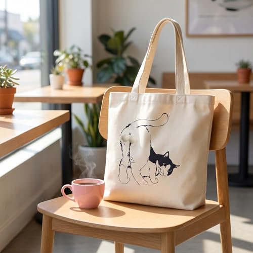 Hrua Funny Cat Tote Bag with Zipper - Reusable Grocery Shopping Bag for Pet Lovers, Large 17.7x13.4x3.9 Inch 12oz Canvas Tote with Inner Pocket, Waterproof Cute Cat Design Gift for Women Men — view 3