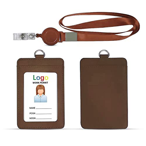 HYCOPROT ID Badge Holder with Lanyard Heavy Duty Retractable PU Leather Vertical Horizontal ID Card Holders with Kevlar Pull Cord for Office School Driver Licence (Vertical, Coffee)