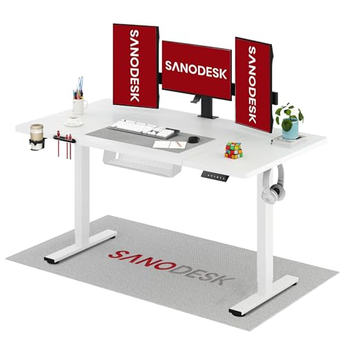 SANODESK Bureau réglable en hauteur 160 x 60 cm avec fonction mémoire de forme, siège électrique, pour la maison, le bureau, ergonomique, avec design moderne et plateau en quatre parties, blanc