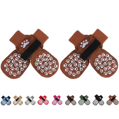 EXPAWLORER Anti Slip Dog Socks to Prevent Licking Paws, Dog Shoes for Hot Pavement, Dog Booties for Small Medium Large Senior Dogs, Traction Control Boots & Paw Protectors for Hardwood Floors Caramel