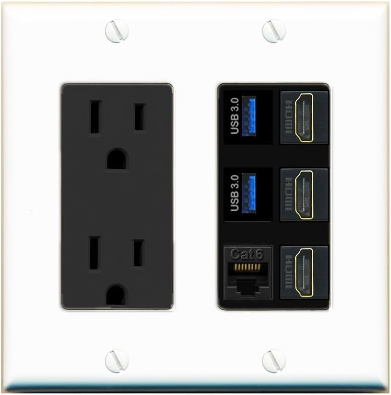 RiteAV 3 Port HDMI 2 Port USB 3.0 1 CAT6-RJ45 Wall Plate - Outlet [White]