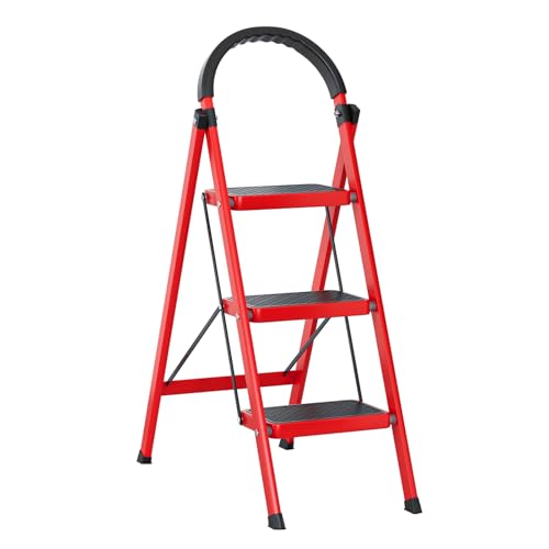Image of 3 Step Ladder – Premium Quality Folding Step Ladder for DIY and Gardening - Anti Slip Feet, Easy to Store Ladder, 150KG Max Capacity - Durable Steel Step Ladder for Home/Kitchen/DIY/Garden Use (Red)