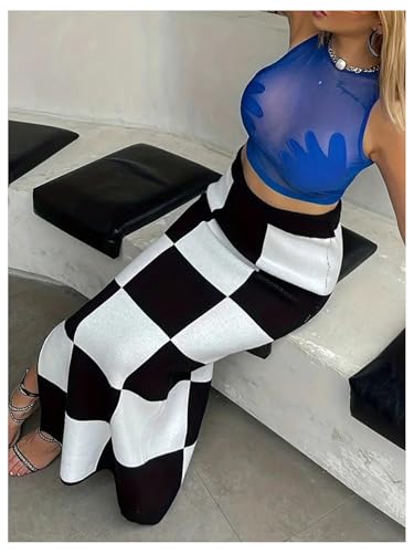 Floerns Women's Checkered Long Skirts Elastic Waist Split Hem Plaid Pencil Skirts4