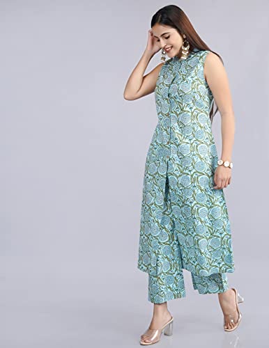 Image of Cotton Printed Front Slit Kurta with Palazzo Set for Women
