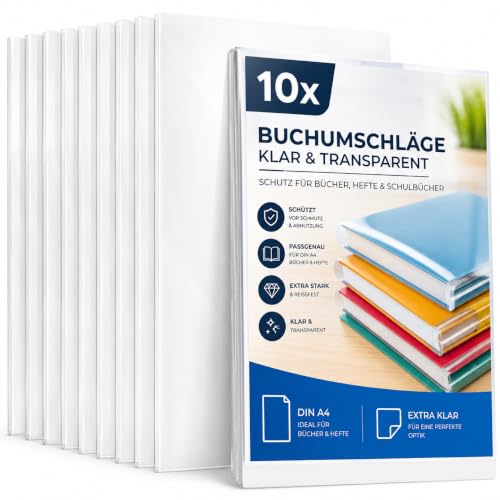 10x Buchumschlag DIN A4 - transparent klar - für Bücher Hefte Schulbücher & Buchhülle & Buchschoner & Hefthülle - Heftumschlag für Schule & Büro (Mengenauswahl)