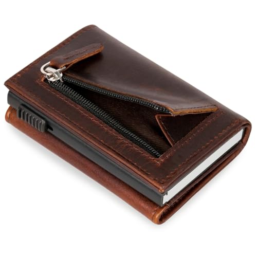 Image of BLACKTHORNE Wallet for Men | RFID Blocking Genuine Leather Pop-Up Card Holder | Slim Minimal Design with Aluminium Case Holds 6-8 Cards, Coin Pocket & Magnetic Closure (Brown)