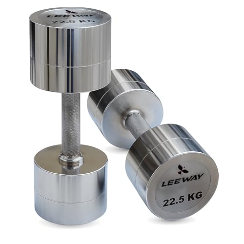 Image of Leeway Steel Dumbbell Set 22.5 Kg x 2 | Chrome Dumbbells for Home Gym | Rust-Resistant Non-Slip Grip | Strength Training Metal Dumbbell Set | Iron Dumbell | Round Dumble | (22.5kg X 2 = 45kg Chrome)