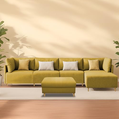 Image of Carina RHS 6 Seater L Shape Sofa Set with Center Table for Living Room (Yellow Fabric) Premium Fabric Sofa