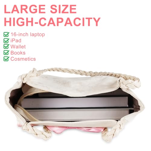 Bow Tote Bag Purse Cute Handbag with Zipper for Women Teens School White Pink Coquette Shoulder Bag Casual Aesthetic Messenger Bags Large Crossbody Tote Bags Trendy Preppy Bow Stuff Gift4