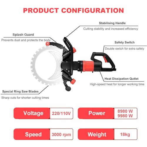 Miniatura 4 de Beachtiful Sierra Eléctrica Para Hormigón Con 2 Hojas, Sierra Toroidal Para Cortar Hormigón, Suministro De Agua, Profundidad De Corte De 30 Cm 12 , Sierra De Anillo Para Ranurar Ladrillos. 9980w