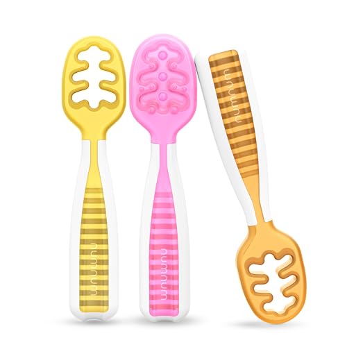 Image of NumNum Baby Spoons Set, Baby Essentials Pre-Spoon GOOtensils for 6+ Months, First Stage Self-Feeding Spoons for Baby Led Weaning (BLW), Silicone Toddler Utensils, BPA-Free, 3 Pack Tropical Paradise