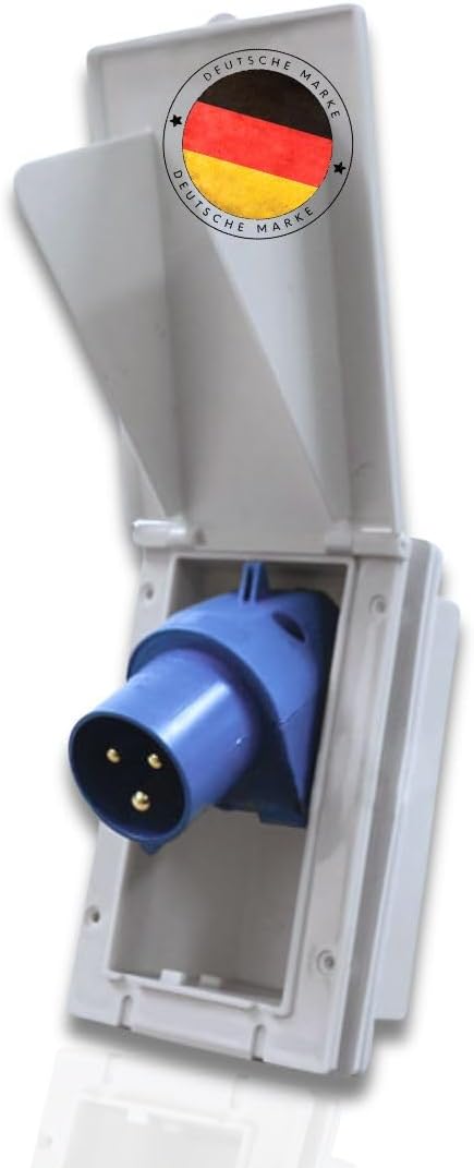 CarbestCEE Socket 16a White - Rectangular, IP44, 240 V, 3-Pole, Hinged Lid, Built-in Plug for Outdoor Use, Power Socket, Caravan Accessories, Camper Accessories