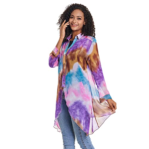Dikalady Floral Print Shirts Women Long Sleeve Chiffon Soft Blouses & Button-Down Shirts Loose Casual Tunic Tops Breathable Summer Cool Blouses Wrinkle Free (1X) Purple Multi #TOP7