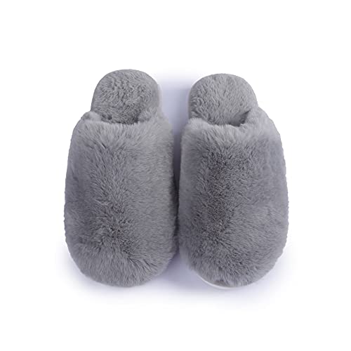 Slippers for Women Fuzzy Fluffy Memory Foam Fur Slippers Furry Womens Slippers Cozy Warm Faux Fur Bedroom Ladies Slippers Anti-Slip (Grey M(US:8, 25.5CM))