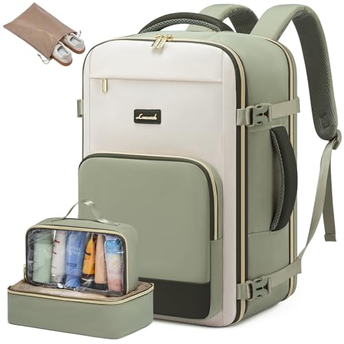 LOVEVOOK Handgepäck Rucksack, 17.3 Zoll Rucksack Handgepäck Flugzeug, Groß Reiserucksack Damen Spritzwasserfest, 40L Travel Backpack für Reise und Business, Urlaub Must Haves - Teegrün Beige