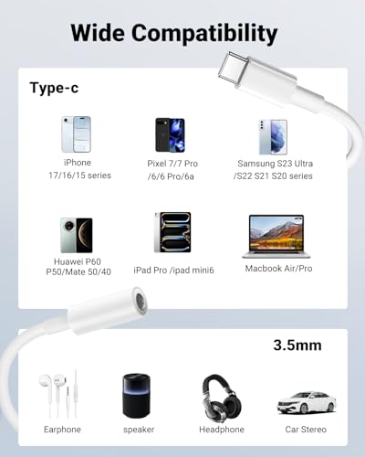 Image of Untvie USB-C to 3.5mm Audio Headphone Adapter Type C to Aux Cord Jack Dongle Adapte Dongle Cable Cord for iPhone 17 /16 /15 Series iPad Pro Google Pixel 7 /7 Pro /6 /6 Pro /6a MacBook (2Pack)