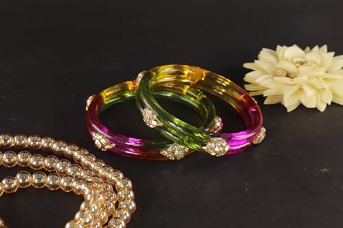 Image of NMII Diamond Glass Bangles Crystal Kada Set For Women & Girls Adorned with Golden Zircon Stones | Trending Girls Bangles Bracelet | Transparent Chudi Kangan For Wedding, Party, Daily, Ethnic- Set of 2