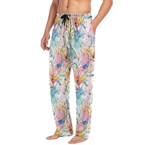Men’s Watercolor Flower Pattern Pajama Pants with Pockets, Comfortable Lounge Sleep Bottoms#314