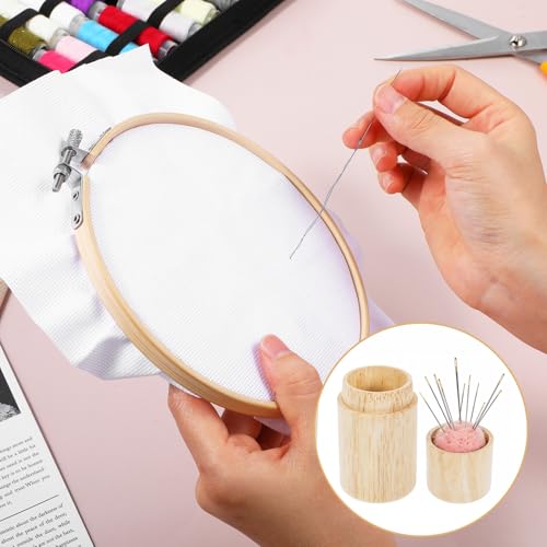Image of Sewing Needle Holder Case Portable Versatile Container for Sewing Needles Wooden Storage Case and Lid with 12 Needles Craft Pincushion for Sewings Essentials, Craft Supplies, Travel Friendly Organizer