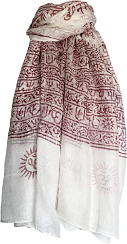 Indian Om Mantra Hand Block Printed Scarf Prayer Shawl (White/Red)