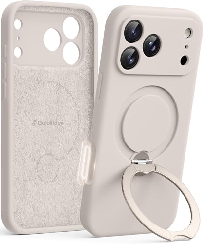 GolbinBox for iPhone 17 Pro Max Case with 360° Spin Magnetic Stand, [Compatible with MagSafe] [Full Camera Protection], Shockproof Liquid Silicone Case with Ring Kickstand for 17 Pro Max 6.9'', Stone