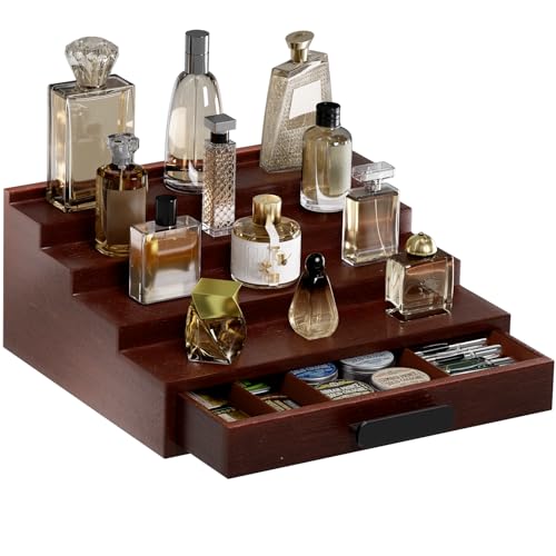 ProCase 男性用木製コロンオーガナイザー、4段香水オーガナイザー、メンズコロンスタンドホルダー収納、フレグランス、キャンドル、化粧品、カップケーキ、フィギュア、スパイス用ディスプレイライザーシェルフラック