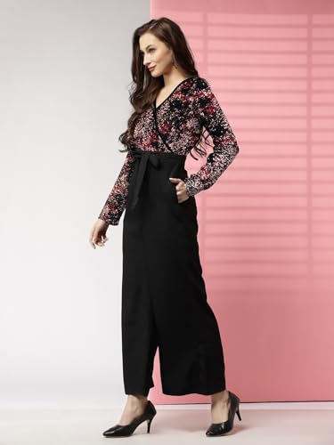Image of LONDON BELLY Women's Polyester Semi-Formal Jumpsuit with Round Neck Half Sleeves Adjustable Waist Tie Abstract Pattern and Regular Fit | Women Stylish One Piece Outfit | Women Regular Fit Jumpsuit