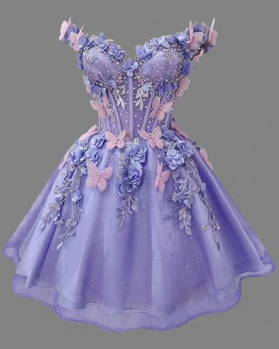 Women's Tulle Homecoming Dresses Short - 3D Butterfly Off Shoulder Beaded Cocktail Lace Homecoming Dress for Teen 20254