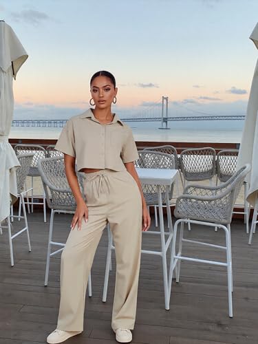Women's 2 Piece Outfits Short Sleeve Button Down Crop Top & High Waist Wide Leg Pants Set Cute Casual Vacation Linen Crop Shirt Track Suit(Apricot XXL) — view 6