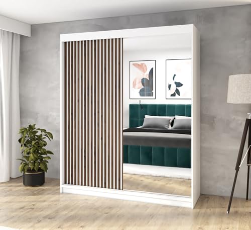A&J MöbelLand Schwebetürenschrank MIT Kleiderschrank 180 cm mit Spiegel & Holzlamellen (Weiß)